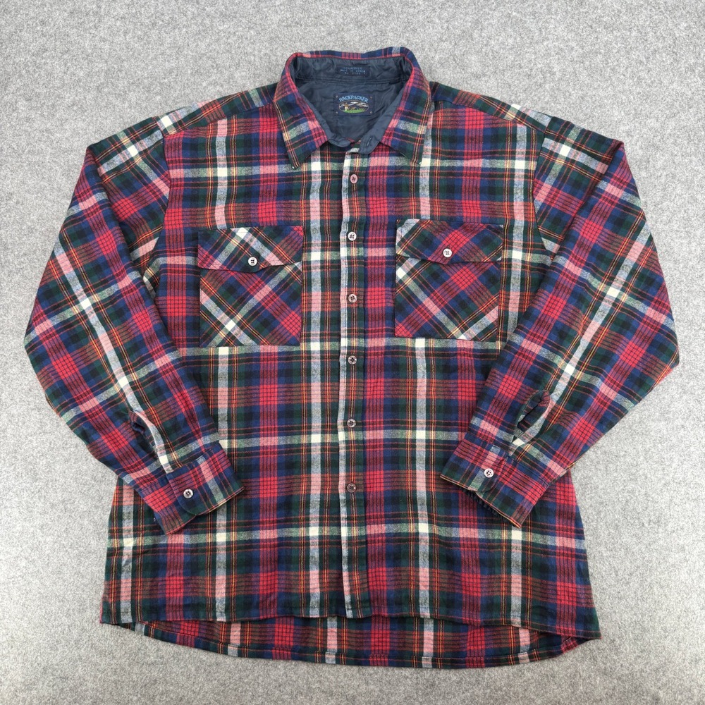 Backpacker Shirt Mens XL Flannel Lined Red Blue Plaid Button Down EUC